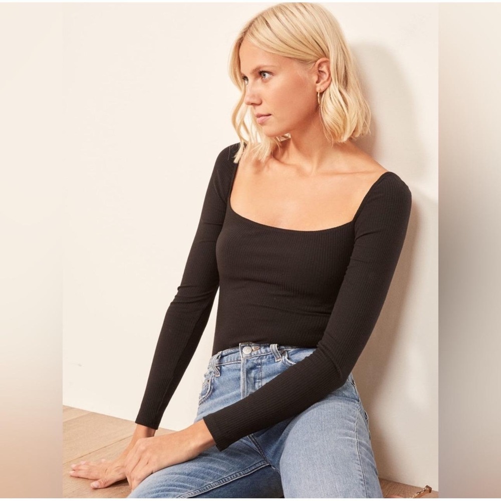 REFORMATION Jeans Gaia Black Ribbed Square Neck Long Sleeve Bodysuit Wmns Medium